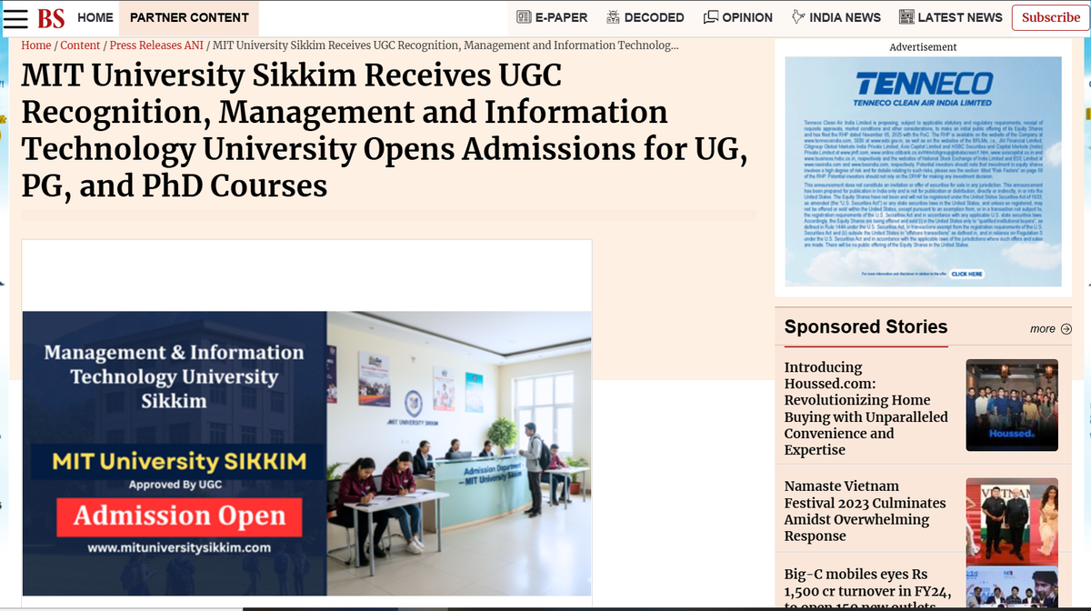 MIT University Sikkim receives UGC recognition – Management and Information Technology University opens admissions for UG, PG, and PhD courses
