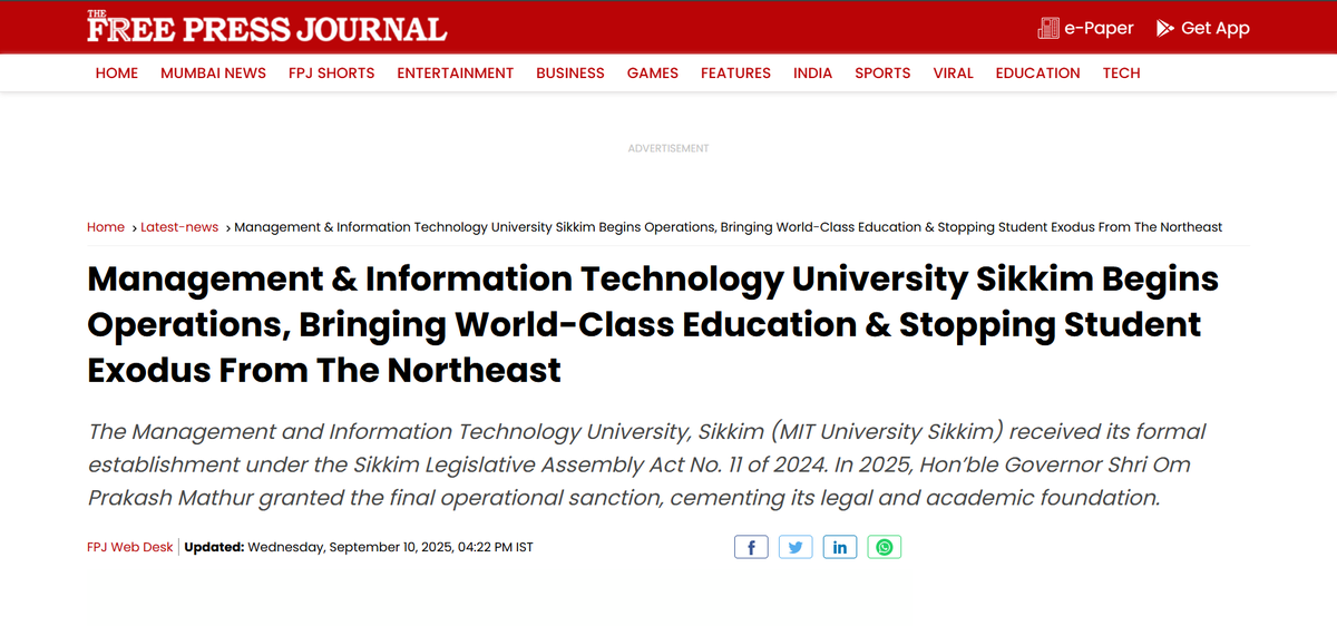 Management &amp; Information Technology University Sikkim begins operations – Bringing world-class education and stopping student exodus from the Northeast