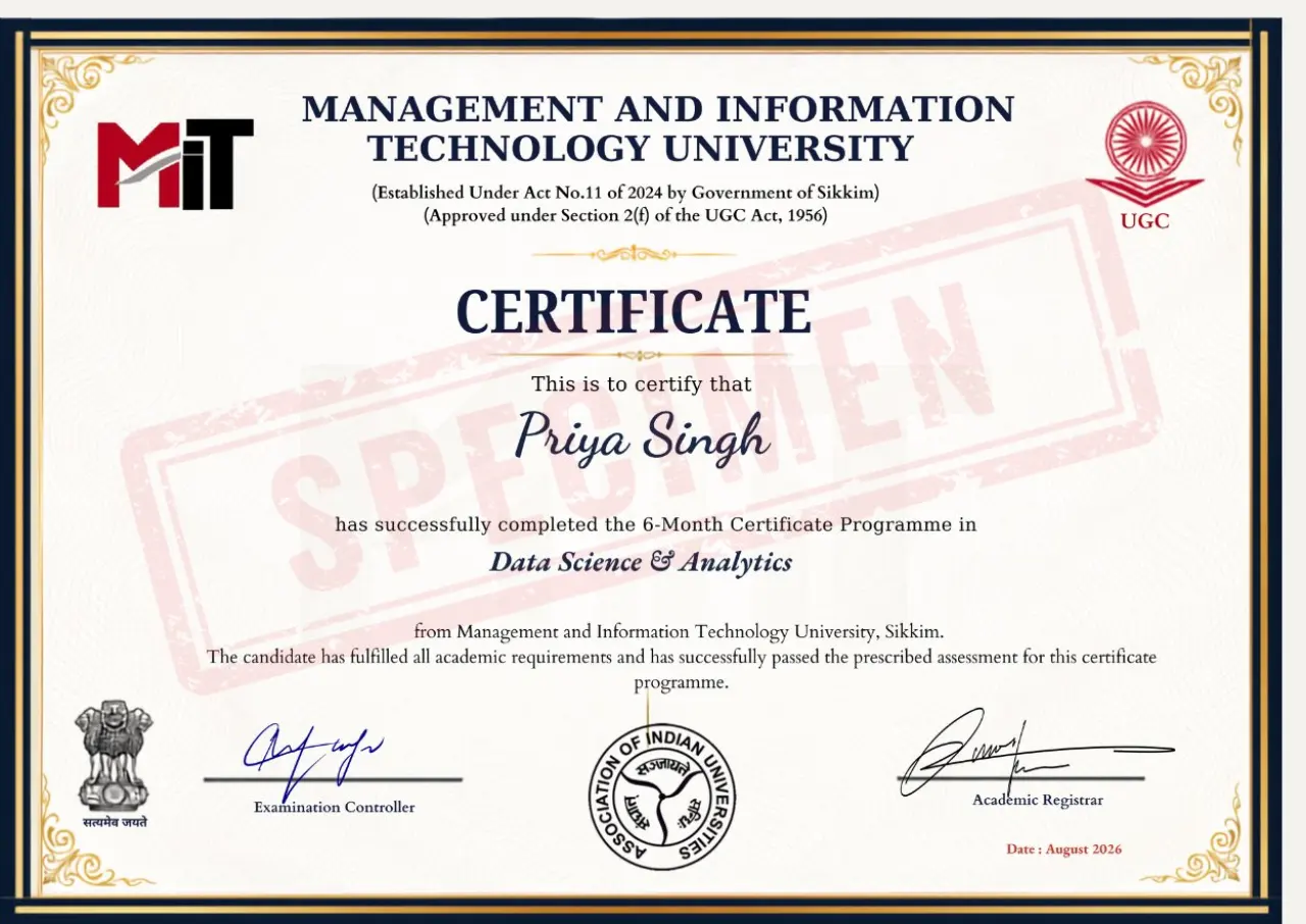 Sample certificate issued for a certificate programme