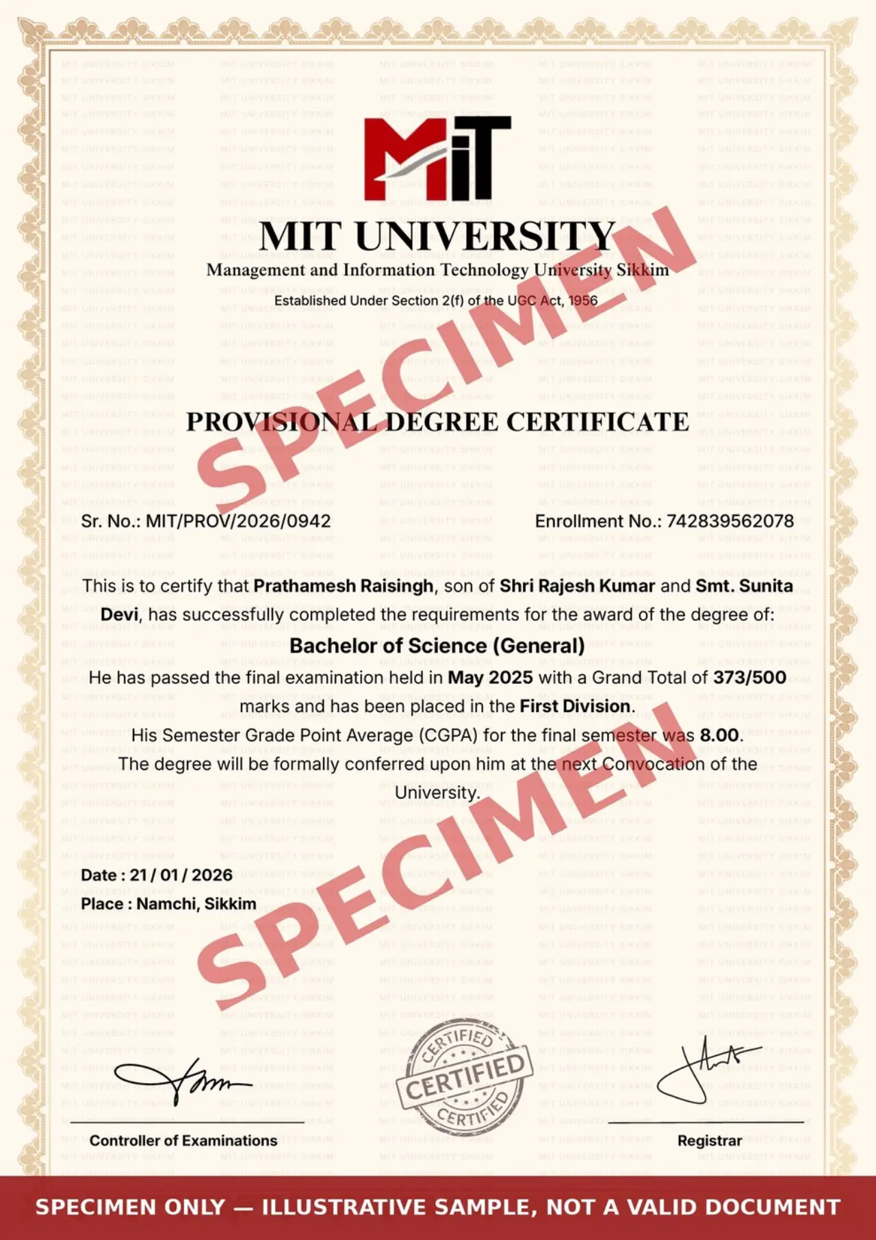 Sample provisional degree certificate of MIT University Sikkim